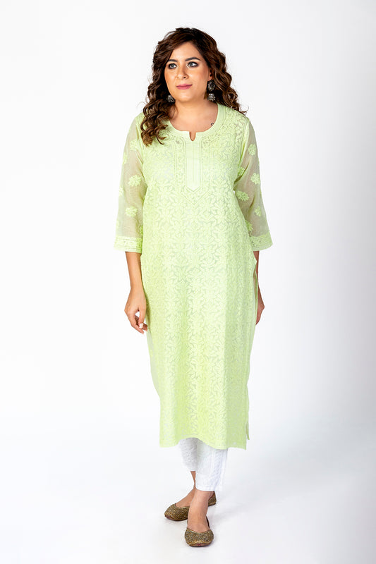 Mehndi Green Kota Skin Friendly Hand Chikankari Kurti Lucknow Chikan Emporium