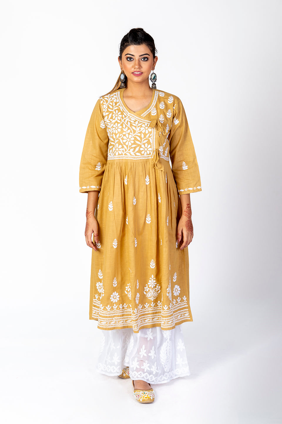 Nice Hand Embroided Skin Freindly Cotton Rayon Chikankari Fawn Angarkha Lucknow Chikan Emporium.