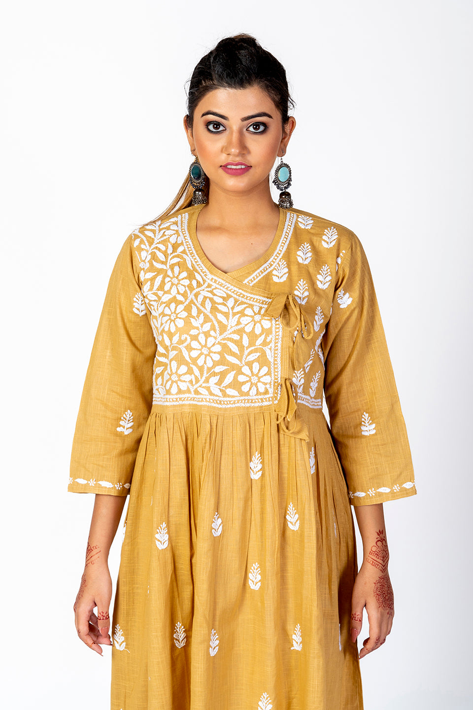 Nice Hand Embroided Skin Freindly Cotton Rayon Chikankari Fawn Angarkha Lucknow Chikan Emporium.