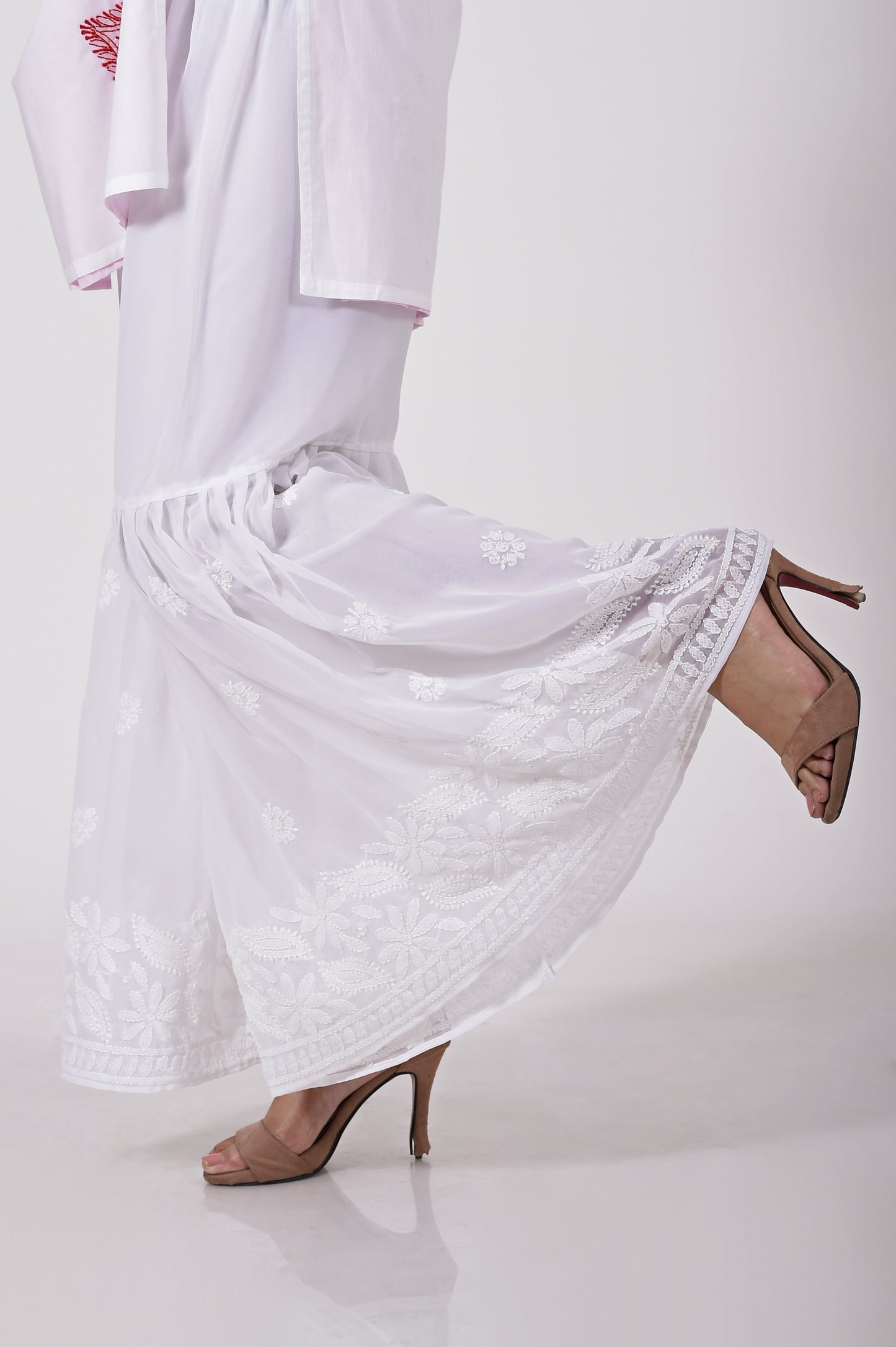 Lucknow Chikan Emporium Hand Embroided  soft skin friendly semi georgette chikankari  white sharara palazzo with flair