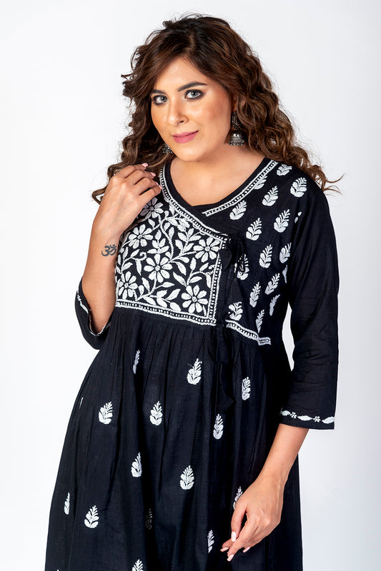 Nice Hand Embroided Skin Freindly Cotton Rayon Chikankari Black Angarkha Lucknow Chikan Emporium.