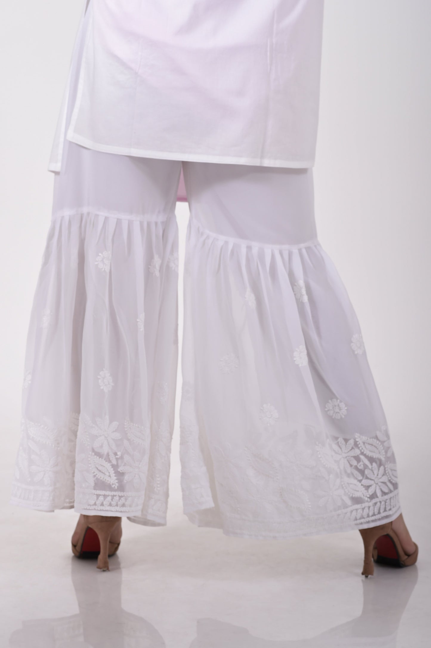 Lucknow Chikan Emporium Hand Embroided  soft skin friendly semi georgette chikankari  white sharara palazzo with flair