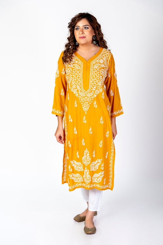 Super Soft Fine Rayon Chikankari Kurti Yellow Colour Lucknow Chikan Emporium.