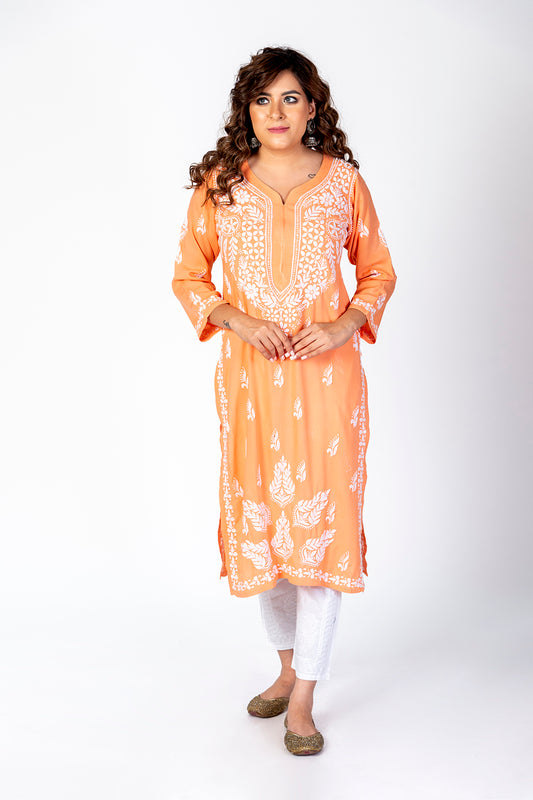 Super Soft Fine Rayon Chikankari Kurti Peach Colour Lucknow Chikan Emporium.