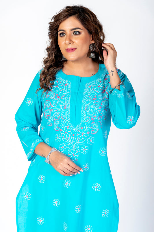 Nice Hand Chikankari Lucknowi Cotton Kurti (Nice Blue Color) Lucknow Chikan Emporium.