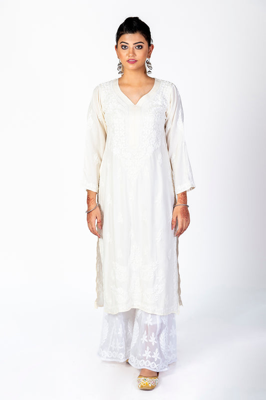 Super Soft Fine Rayon Chikankari Kurti Off White Colour Lucknow Chikan Emporium.