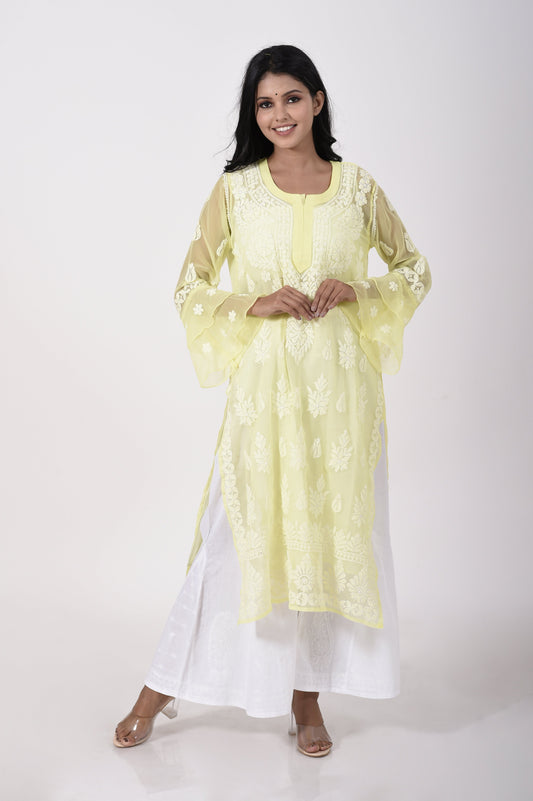 Lemon yellow Hand embroided skin friendly semi georgette  Chikankari Kurti Lucknow Chikan Emporium.