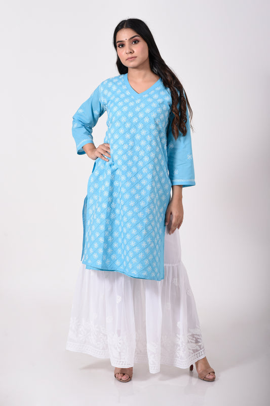 Blue Hand embroided cotton Chikankari Kurti Lucknow Chikan Emporium.