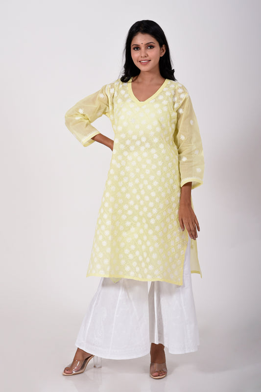 Lucknow Chikan Emporium Hand embroided cotton Chikankari Kurti Lemon Yellow.