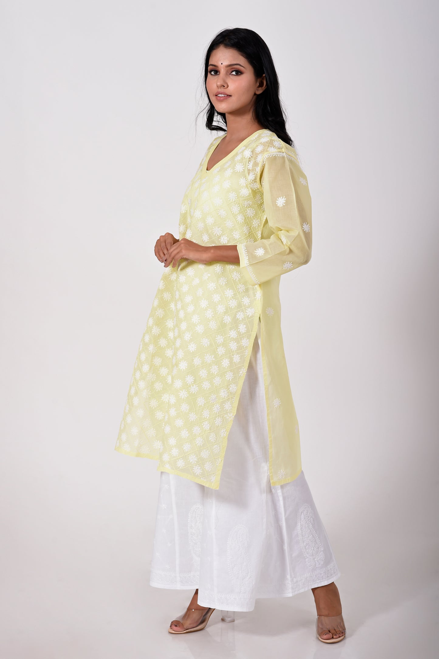 Lucknow Chikan Emporium Hand embroided cotton Chikankari Kurti Lemon Yellow.