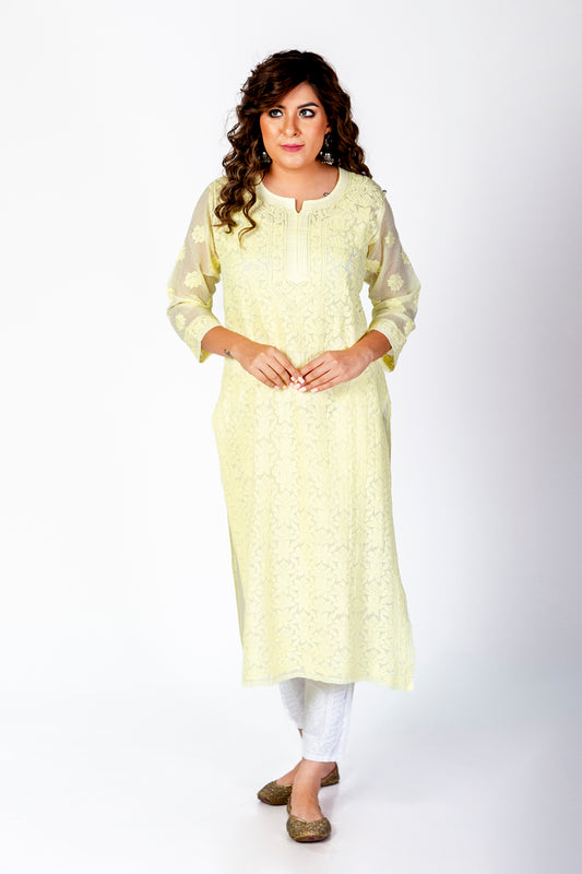 Yellow Kota Skin Friendly Hand Chikankari Kurti Lucknow Chikan Emporium