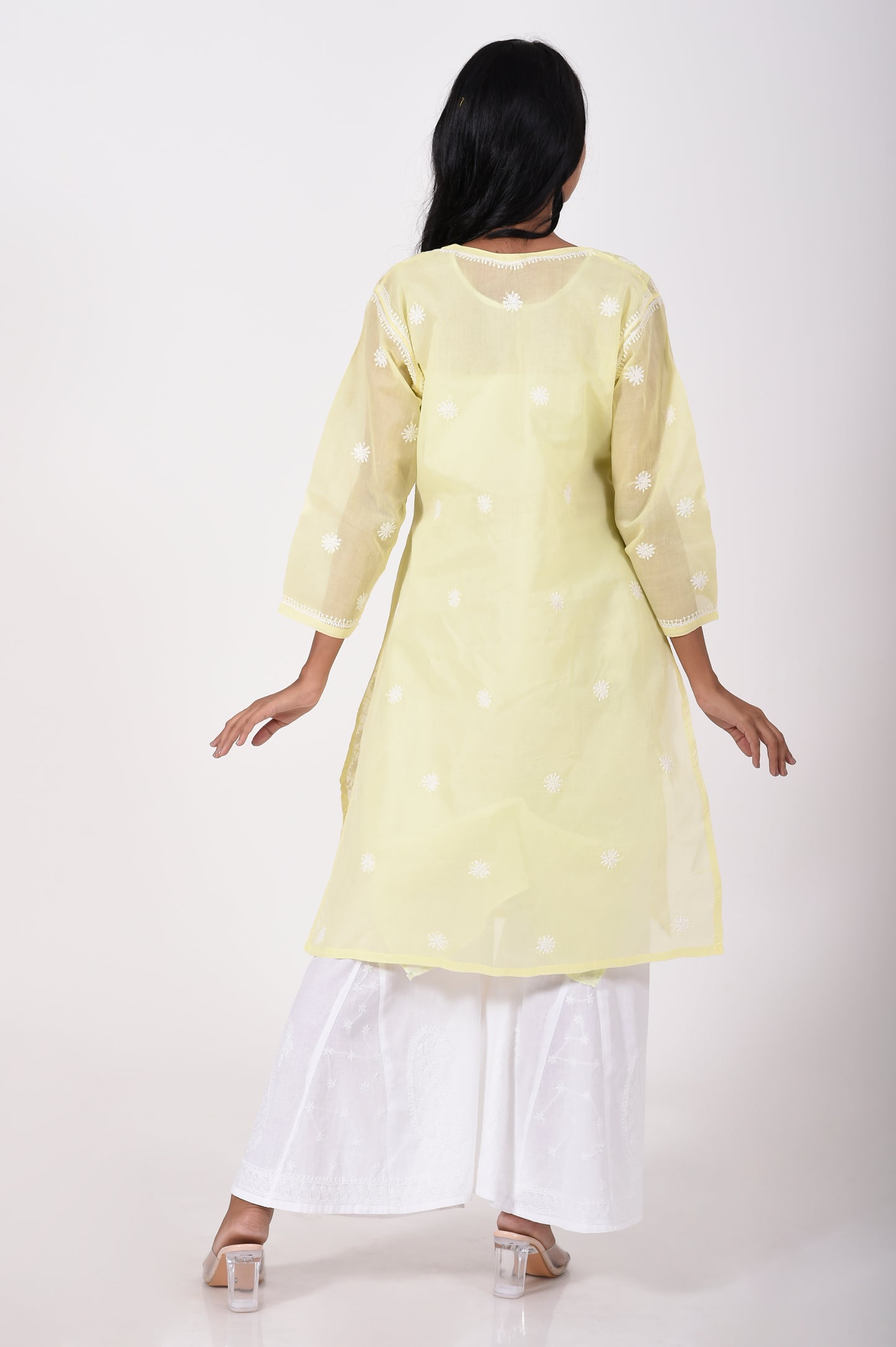 Lucknow Chikan Emporium Hand embroided cotton Chikankari Kurti Lemon Yellow.