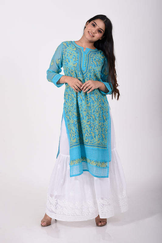 Nice blue Hand embroided Semi georgette Chikankari women Kurti