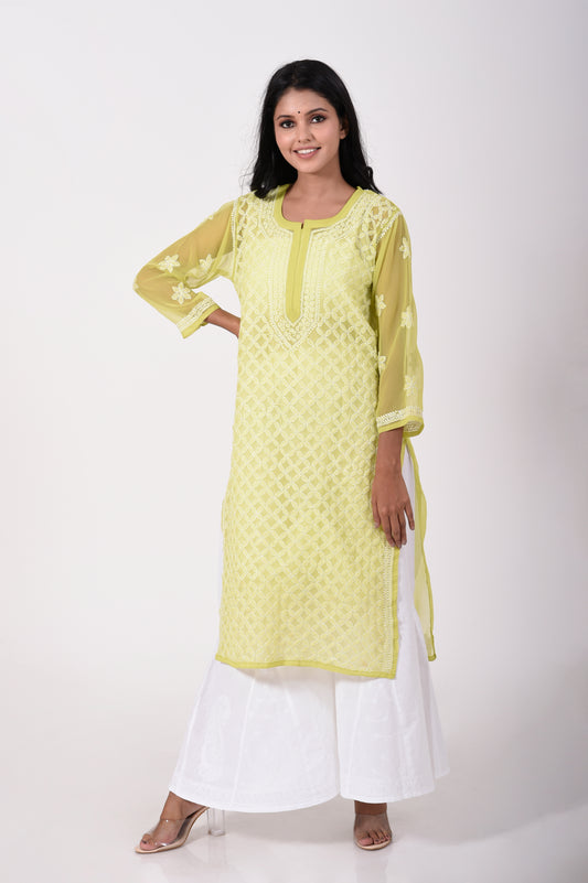 Lucknow Chikan Emporium Hand embroided Semi georgette Chikankari Kurti green