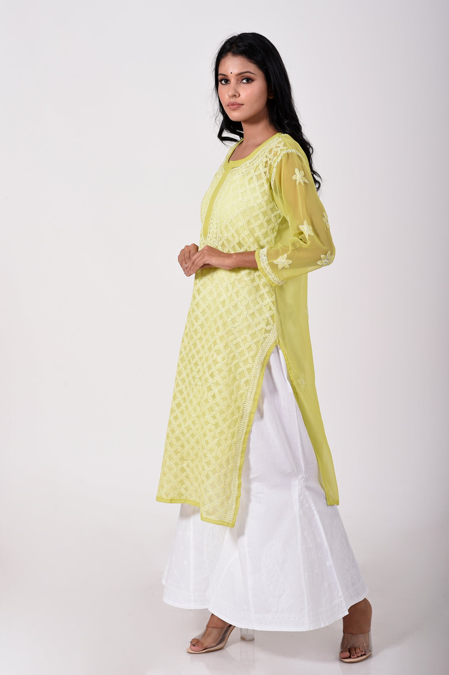 Lucknow Chikan Emporium Hand embroided Semi georgette Chikankari Kurti green