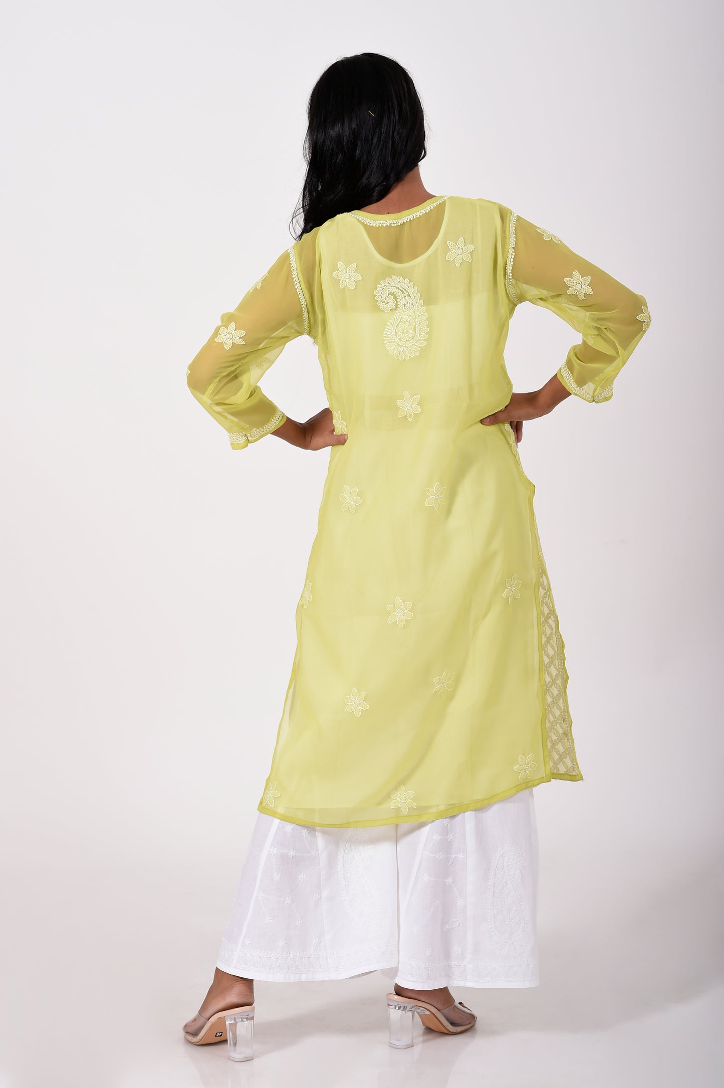 Lucknow Chikan Emporium Hand embroided Semi georgette Chikankari Kurti green