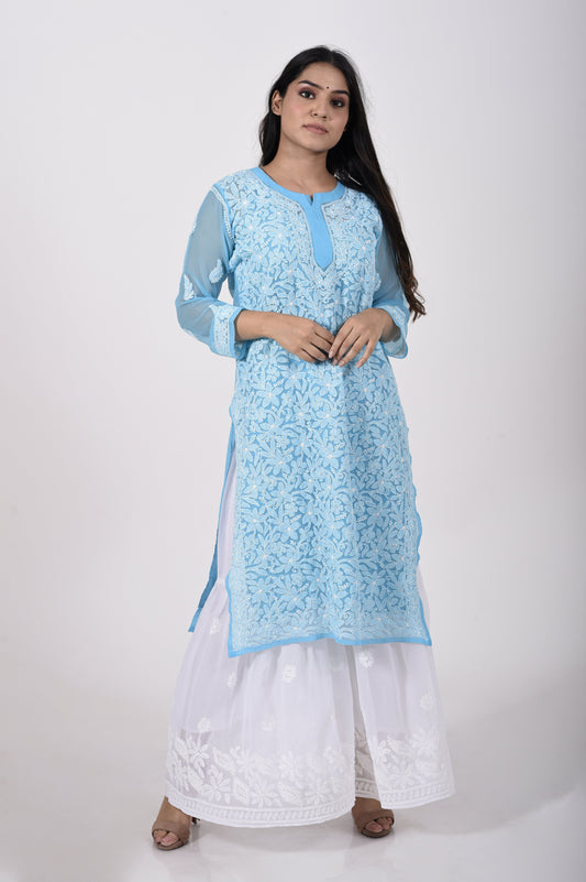 Blue Hand embroided skin friendly semi georgette  Chikankari Kurti Lucknow Chikan Emporium.