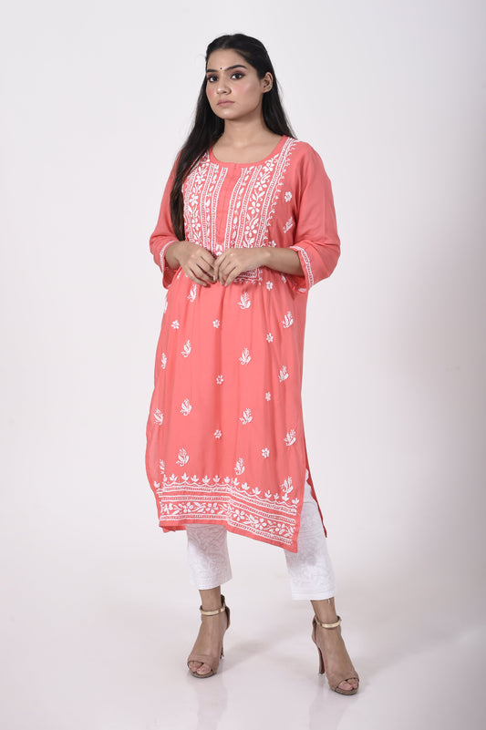 Lucknow Chikan Emporium Hand embroided skin friendly very soft modal cotton Chikankari Kurti carrot pink