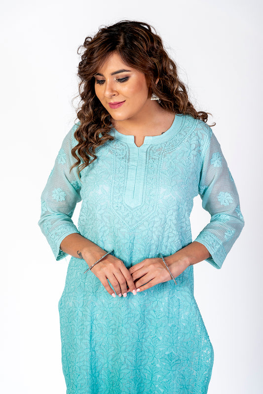 Rusty Green Kota Skin Friendly Hand embroided Chikankari Kurti