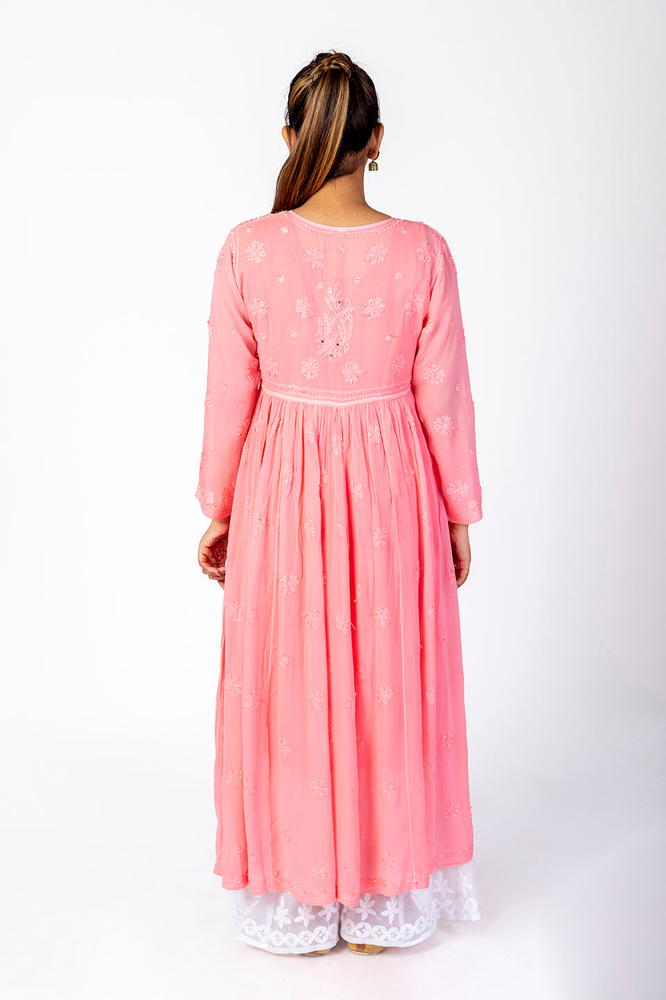 Nice Hand Embroided Skin Freindly Viscose Chikankari Peach Gown kurti With Mukaish Lucknow Chikan Emporium.