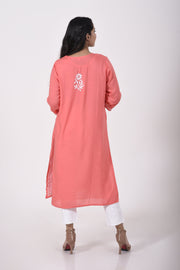 Lucknow Chikan Emporium Hand embroided skin friendly very soft modal cotton Chikankari Kurti carrot pink