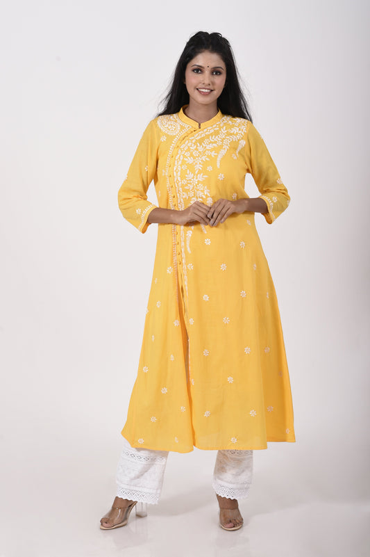 Mustard Hand embroided soft pure cotton Chikankari Kurti Lucknow Chikan Emporium.