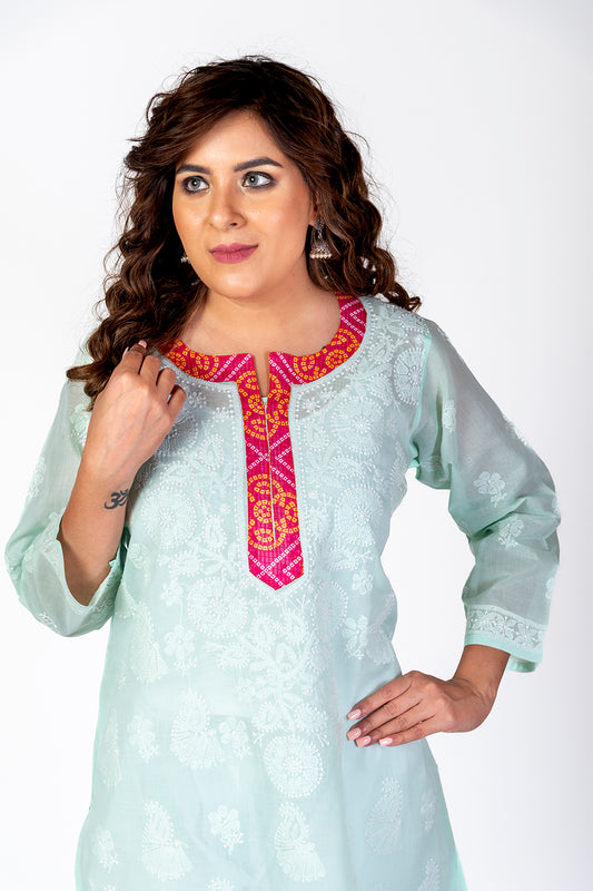 Skin Friendly Cotton Chikankari Kurti Nice Sea Green Colour Lucknow Chikan Emporium.