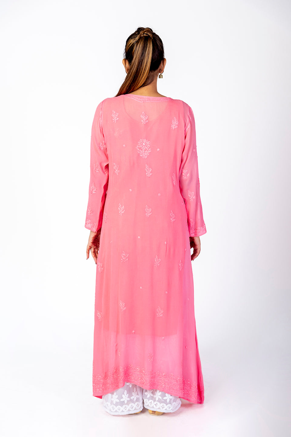 Nice Hand Embroided Skin Freindly Viscose Chikankari Rose Pink Gown kurti With Mukaish Lucknow Chikan Emporium.