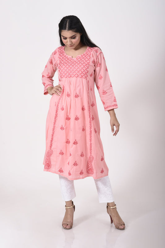 Lucknow Chikan Emporium Hand embroided skin friendly very soft modal cotton Chikankari Kurti peach