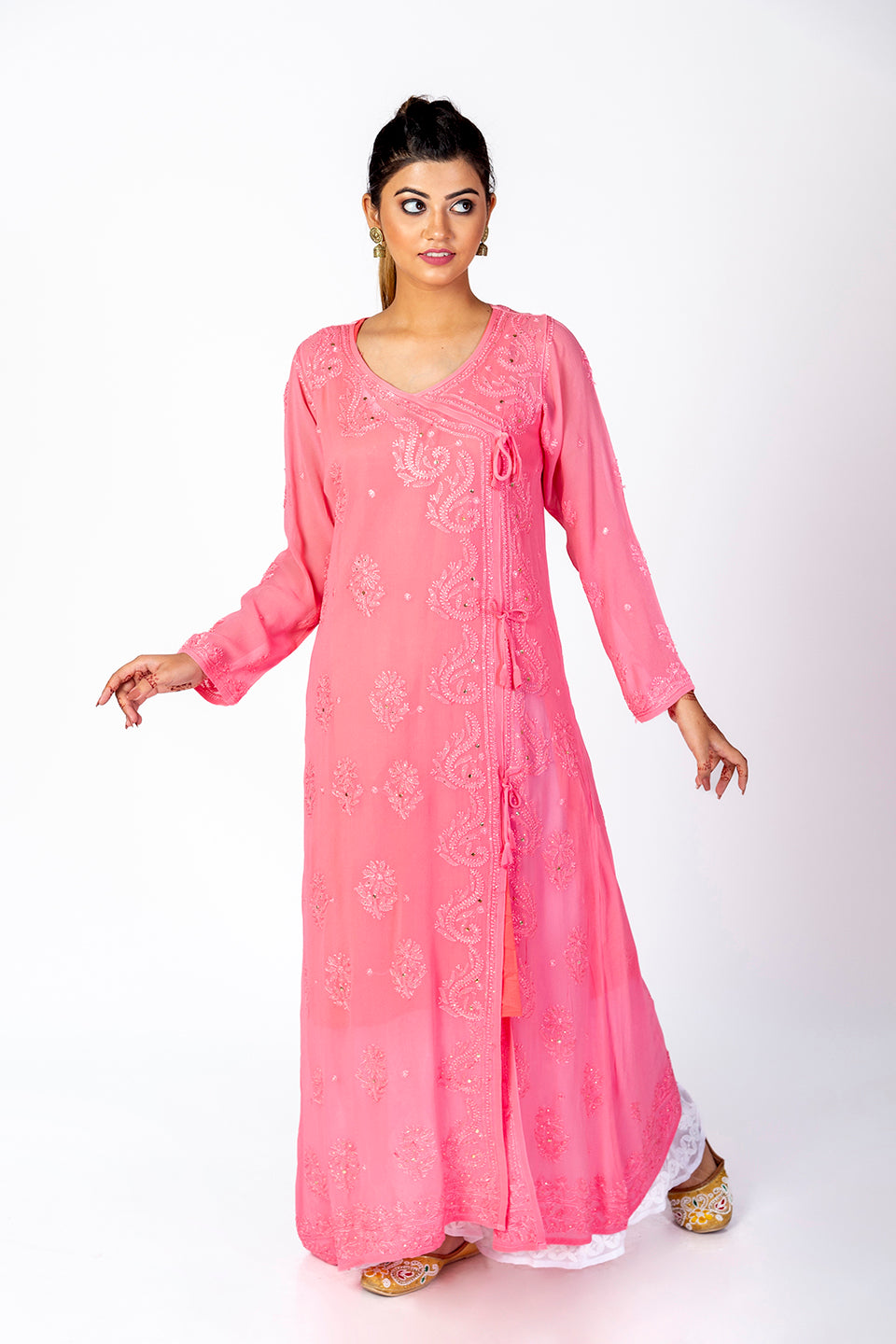 Nice Hand Embroided Skin Freindly Viscose Chikankari Rose Pink Gown kurti With Mukaish Lucknow Chikan Emporium.