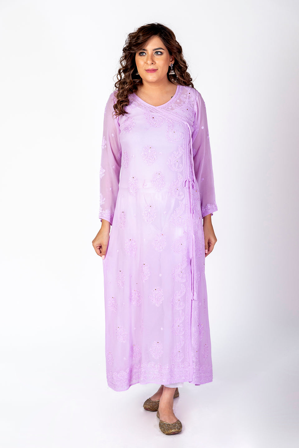 Nice Hand Embroided Skin Freindly Viscose Chikankari Purple Gown kurti With Mukaish Lucknow Chikan Emporium.