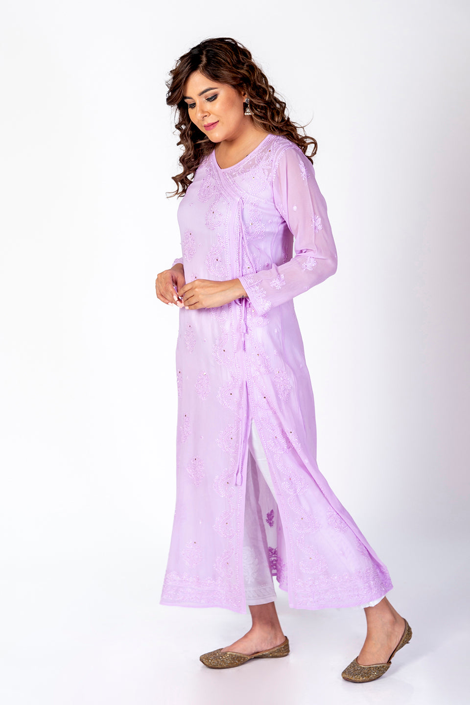 Nice Hand Embroided Skin Freindly Viscose Chikankari Purple Gown kurti With Mukaish Lucknow Chikan Emporium.