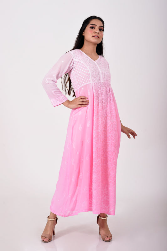 pure / viscose georgette  Chikankari Light Pink Hand embroided skin friendly Kurti Lucknow Chikan Emporium.