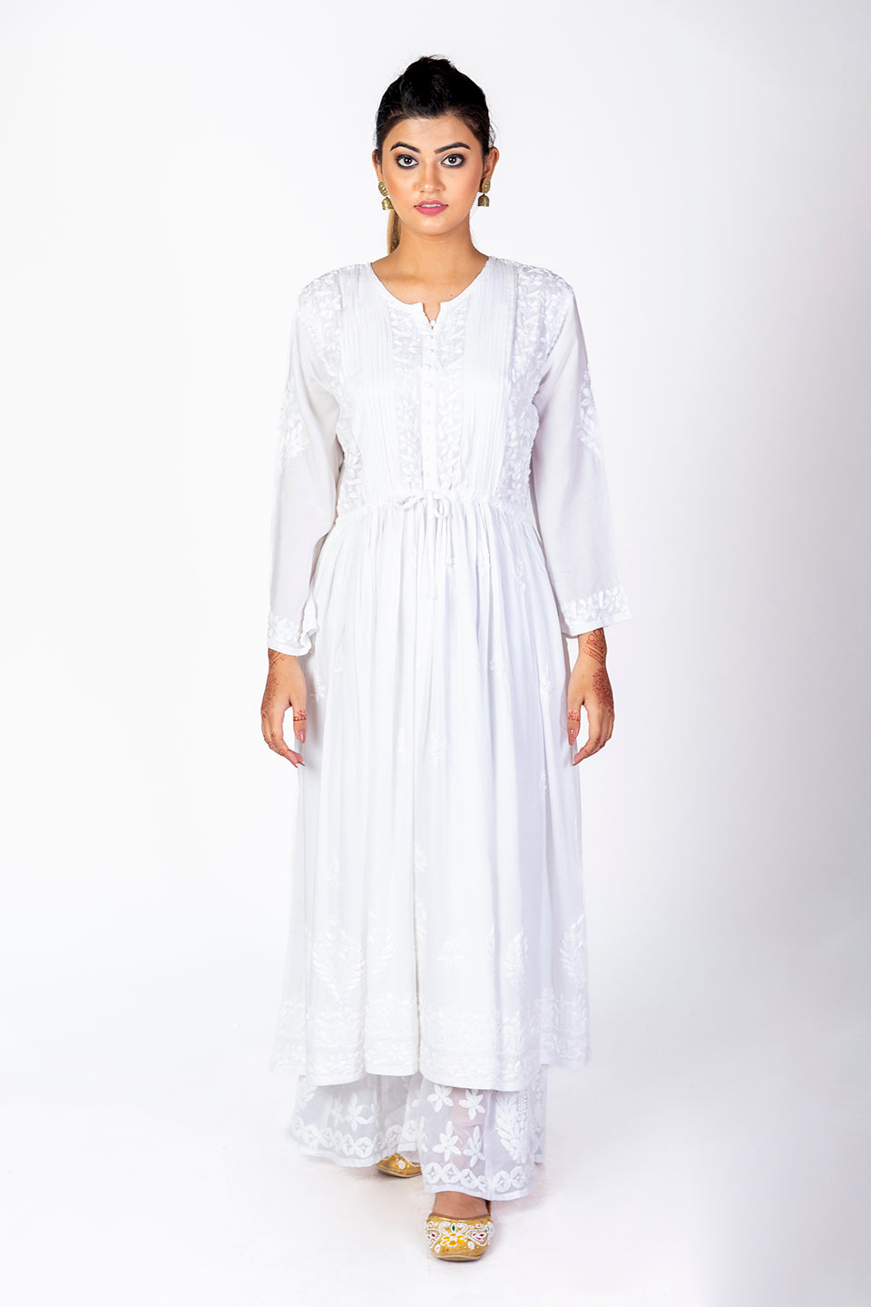 Nice Hand Embroided Skin Freindly Rayon Chikankari White long  Gown kurti Lucknow Chikan Emporium.