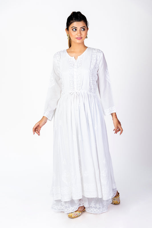 Nice Hand Embroided Skin Freindly Rayon Chikankari White long  Gown kurti Lucknow Chikan Emporium.