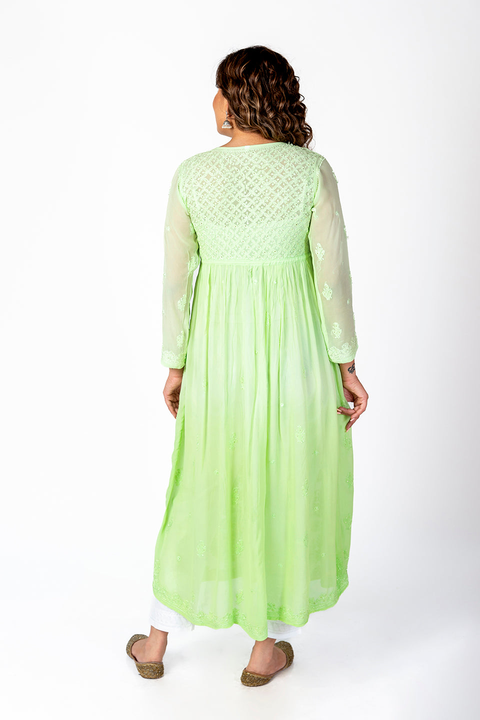 Nice Hand Embroided Skin Freindly Viscose Chikankari Green Gown kurti With Mukaish Lucknow Chikan Emporium.