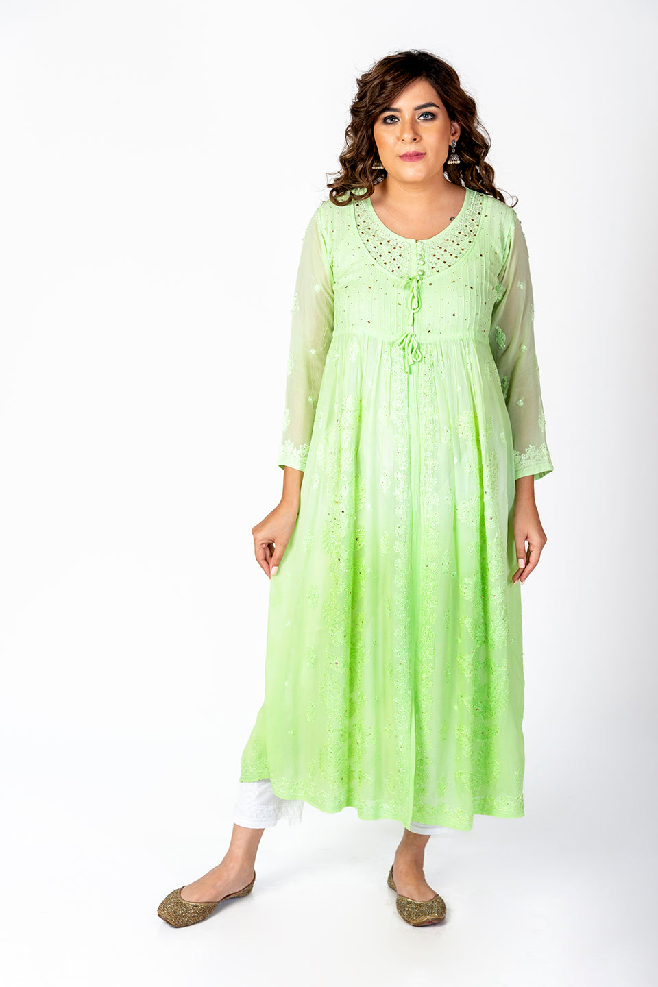 Nice Hand Embroided Skin Freindly Viscose Chikankari Green Gown kurti With Mukaish Lucknow Chikan Emporium.