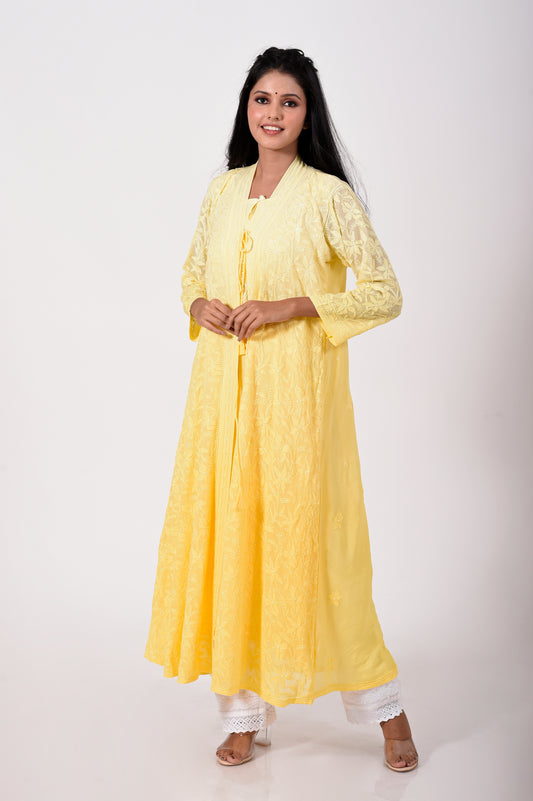 pure / viscose georgette  Chikankari lemon colour Hand embroided skin friendly Kurti Lucknow Chikan Emporium.