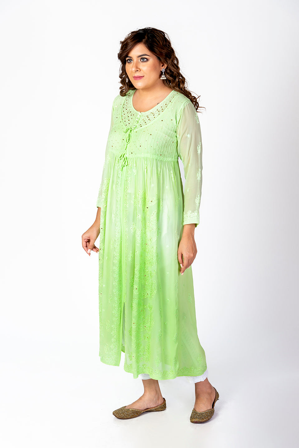 Nice Hand Embroided Skin Freindly Viscose Chikankari Green Gown kurti With Mukaish Lucknow Chikan Emporium.