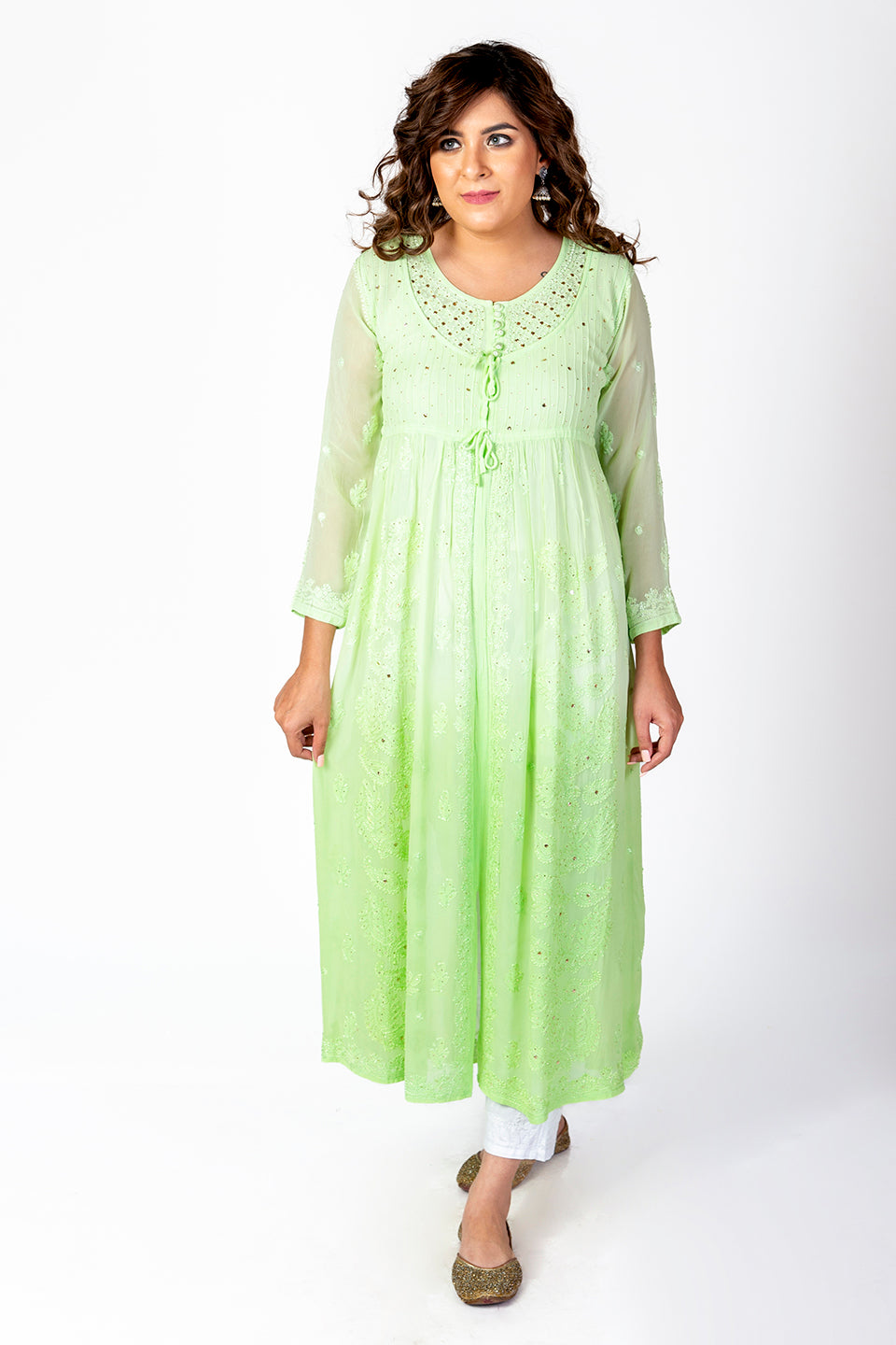 Nice Hand Embroided Skin Freindly Viscose Chikankari Green Gown kurti With Mukaish Lucknow Chikan Emporium.