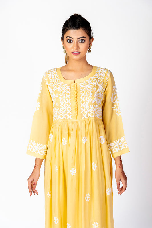 Nice Hand Embroided Cotton Rayon Chikankari Yellow Angarkha Kurti Lucknow Chikan Emporium.