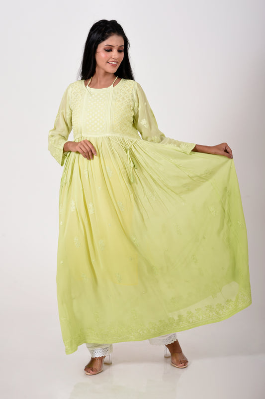 pure / viscose georgette Chikankari Kurti Light Green Hand embroided skin friendly Lucknow Chikan Emporium.