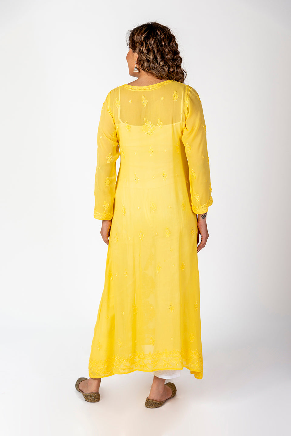 Nice Hand Embroided Skin Freindly Viscose Chikankari Yellow Gown kurti With Mukaish Lucknow Chikan Emporium.