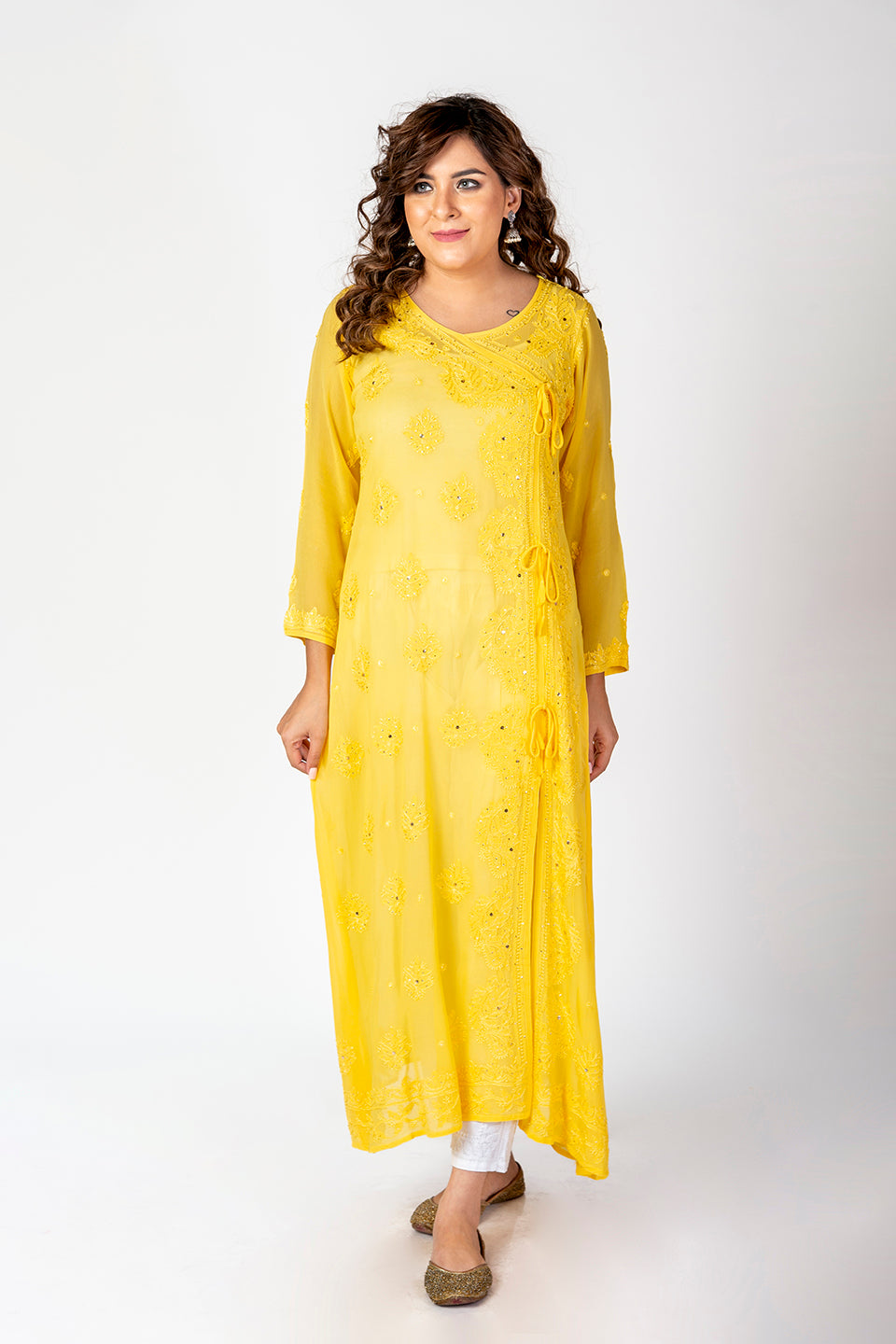 Nice Hand Embroided Skin Freindly Viscose Chikankari Yellow Gown kurti With Mukaish Lucknow Chikan Emporium.