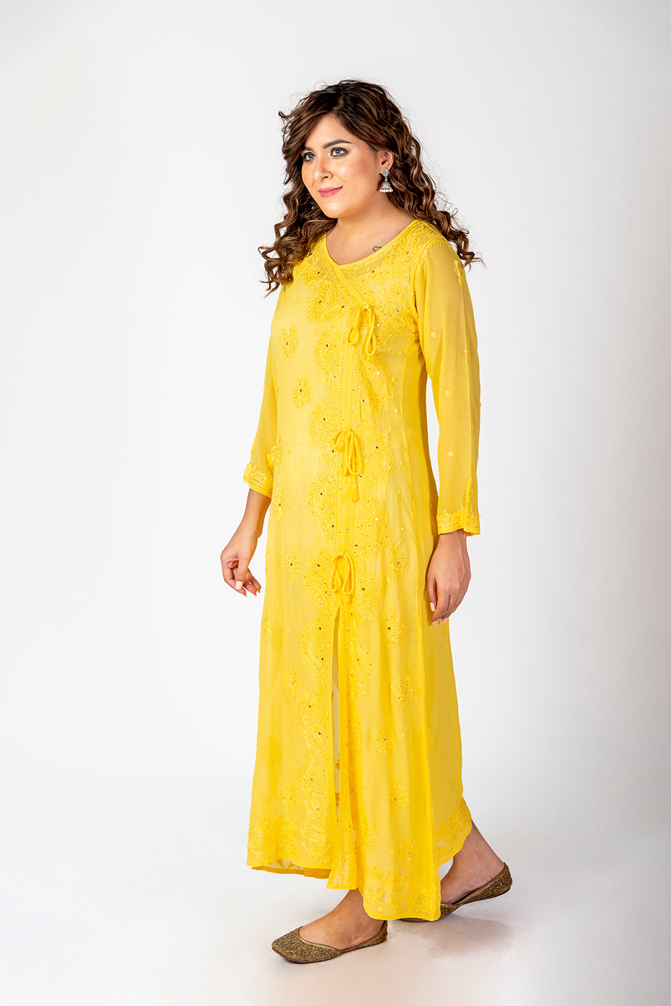 Nice Hand Embroided Skin Freindly Viscose Chikankari Yellow Gown kurti With Mukaish Lucknow Chikan Emporium.