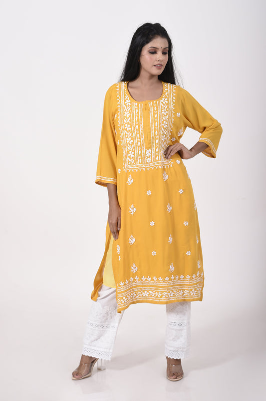 Mustard Hand embroided skin friendly very soft modal cotton Chikankari Kurti Lucknow Chikan Emporium.