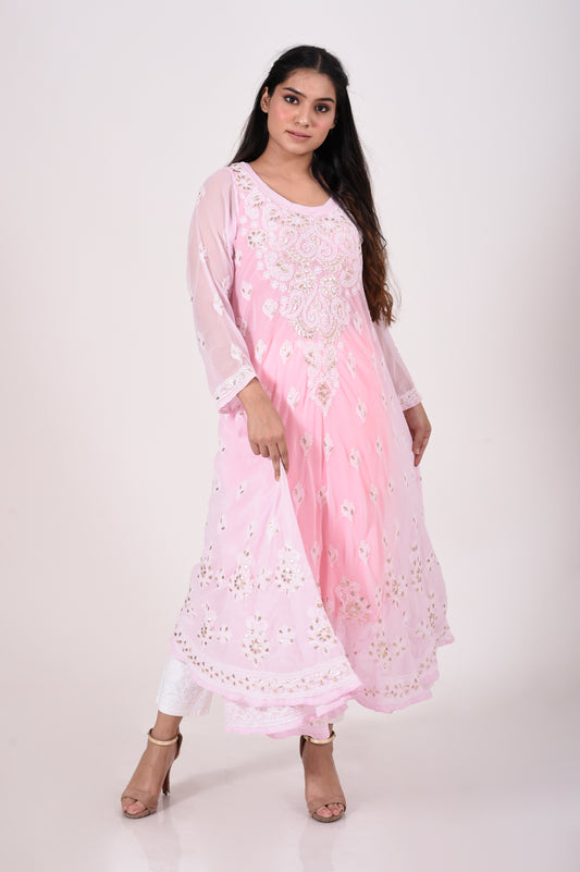 Lucknow chikan hand embroided skin friendly semi georgette Pink Colour gown