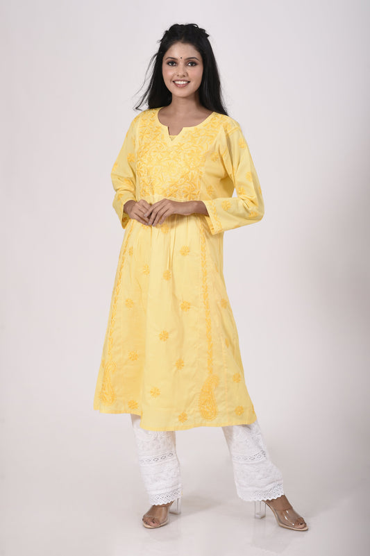 Lucknow Chikan Emporium Hand embroided skin friendly very soft modal cotton  Chikankari Kurti yellow