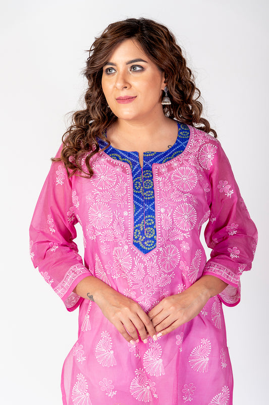 Skin Friendly Cotton Chikankari Kurti Nice Pink Colour Lucknow Chikan Emporium.