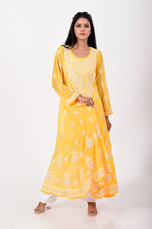 Lucknow chikan hand embroided skin friendly semi georgette Mustard   Colour gown